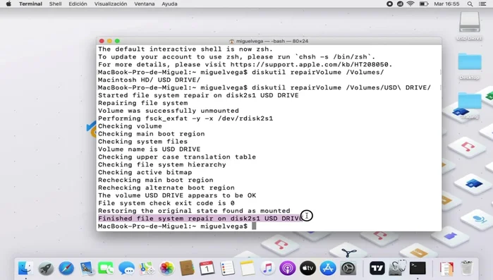 Presiona Enter. Un mensaje confirmará la reparación exitosa.