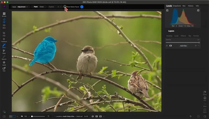 En la barra superior, activa "Mostrar estilos Flyout" para visualizar preajustes disponibles.