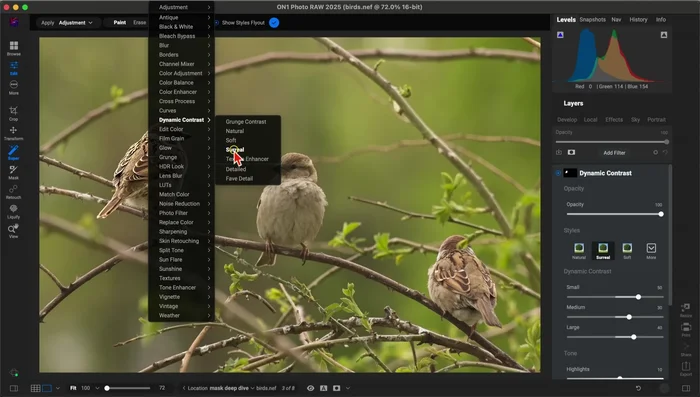 Selecciona el filtro y preajuste deseado (ej: Contraste Dinámico).