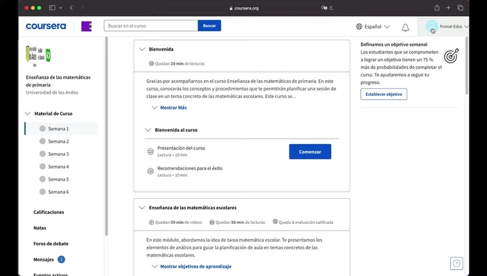 Selecciona 'Mis cursos' para ver tu progreso y cursos inscritos.