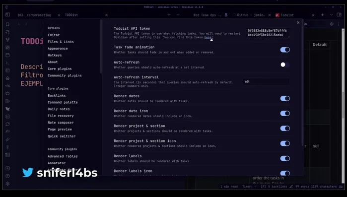 Configura la integración entre Obsidian y Todoist. Accede a las opciones de Todoist plugin en Obsidian, inicia sesión y copia el token de la API. Pega el token en la configuración del plugin y reinicia Obsidian.