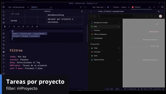 Añade tareas desde Obsidian a Todoist usando `Ctrl+P` y escribiendo `todoist`. Especifica el proyecto, etiquetas, fecha límite, y prioridad (1-4).