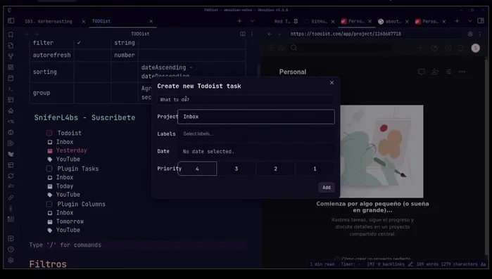 Añade tareas desde Obsidian a Todoist usando `Ctrl+P` y escribiendo `todoist`. Especifica el proyecto, etiquetas, fecha límite, y prioridad (1-4).