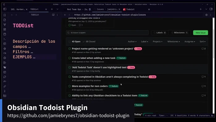 Configura la integración entre Obsidian y Todoist. Accede a las opciones de Todoist plugin en Obsidian, inicia sesión y copia el token de la API. Pega el token en la configuración del plugin y reinicia Obsidian.