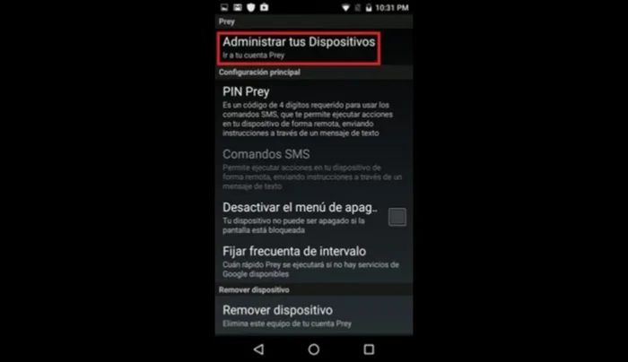 Configura las opciones de Prey: PIN, desactivar en menú de apagado, fijar frecuencia de intervalo, etc. Ajusta estas opciones según tus necesidades de seguridad.