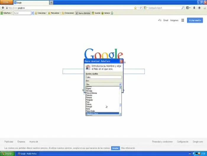 Completa la contraseña predeterminada: Define un nombre de usuario y una contraseña que Roboform usará para crear tus cuentas en diferentes sitios web.