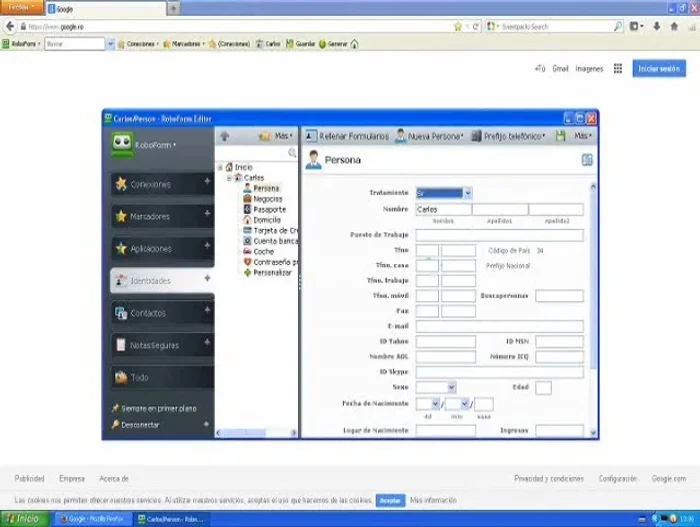 Completa la contraseña predeterminada: Define un nombre de usuario y una contraseña que Roboform usará para crear tus cuentas en diferentes sitios web.