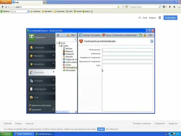 Completa la contraseña predeterminada: Define un nombre de usuario y una contraseña que Roboform usará para crear tus cuentas en diferentes sitios web.