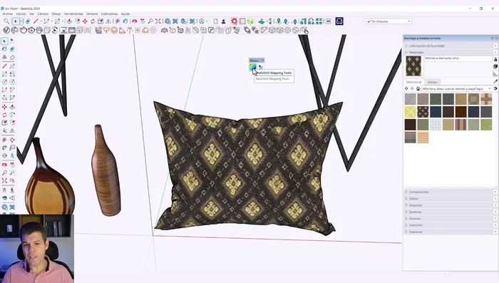 Utilizar el plugin SketchUV Mapping Tools (opcional) para superficies complejas. Seleccionar el objeto, ubicarlo frontalmente, y usar la opción 'planar' del plugin para un mapeado eficiente. Ajustar rotación y escala directamente desde el plugin.