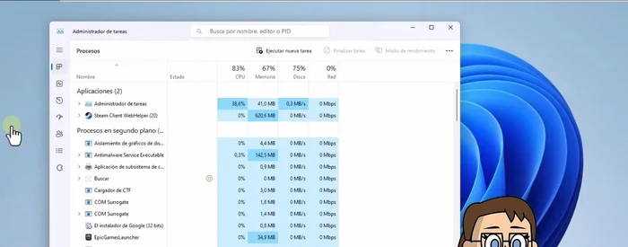 En la ventana, selecciona el proceso de Steam y pulsa en 'Finalizar tarea'.