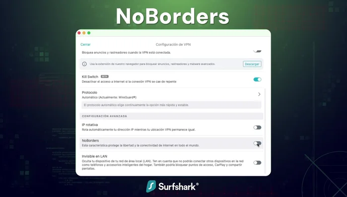 Desactivar No Borders (opcional): Desactiva esta función si no necesitas eludir restricciones geográficas (1:26).