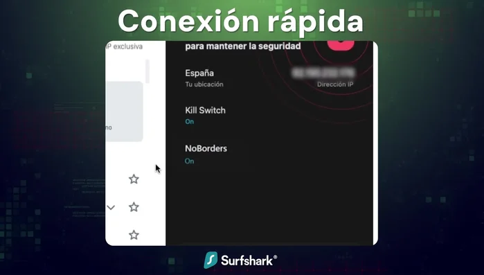 Selección de servidor: Si necesitas elegir un país específico, haz clic en el botón 'Cambiar' junto al botón de conexión rápida (0:60). Surfshark ofrece más de 3200 servidores en 100 países.