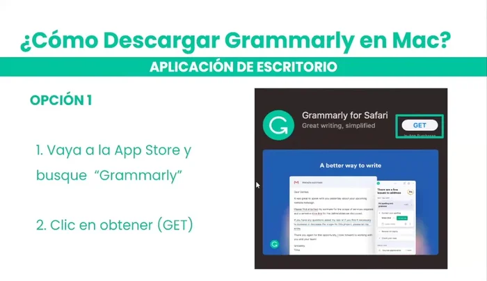 Para macOS: Busca Grammarly en la App Store y selecciona 'Obtener' o usa el enlace de descarga proporcionado.
