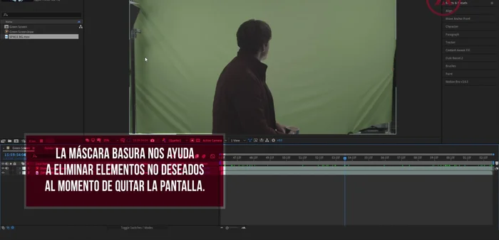 Post-producción (After Effects): Remover fondo con el efecto Keylight, ajustar parámetros de clip black y clip white para eliminar ruido.