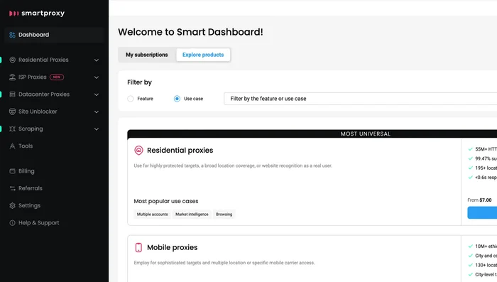 Seleccionar ubicación del proxy, tipo de sesión y formato de salida.