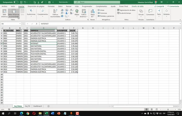 Configurar Campos de Valor en las Tablas Dinámicas: Arrastrar y soltar los campos necesarios (Suscriptor, Valor, Empresa) a las áreas correspondientes para obtener la visualización deseada. Dar formato de moneda al campo 'Valor'.