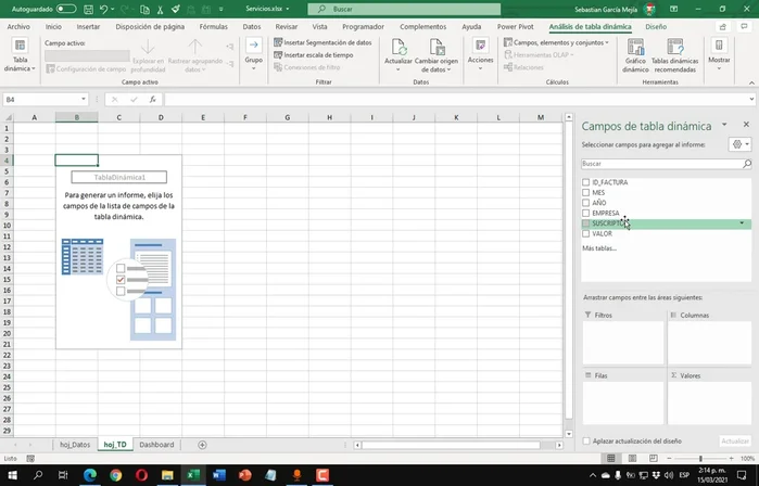 Configurar Campos de Valor en las Tablas Dinámicas: Arrastrar y soltar los campos necesarios (Suscriptor, Valor, Empresa) a las áreas correspondientes para obtener la visualización deseada. Dar formato de moneda al campo 'Valor'.