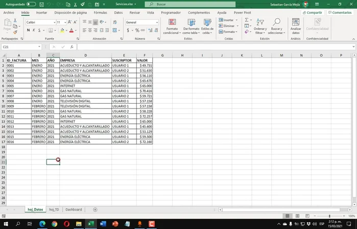 Organizar el Libro de Trabajo: Dividir la hoja de cálculo en tres hojas: Datos, Tablas Dinámicas y Reporte.