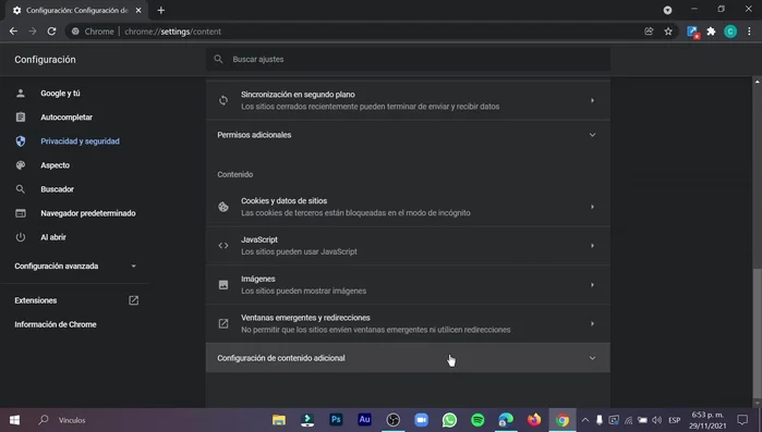 Desplázate hasta "Configuración de contenido adicional".