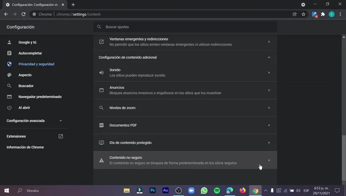 Encontrarás "Comportamientos personalizados". Debajo verás las opciones "No puede mostrar contenido no seguro" y "Puede mostrar contenido no seguro".