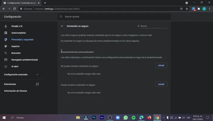 Encontrarás "Comportamientos personalizados". Debajo verás las opciones "No puede mostrar contenido no seguro" y "Puede mostrar contenido no seguro".