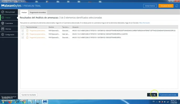Revisar los resultados del análisis y, si es necesario, mover las amenazas detectadas a cuarentena.