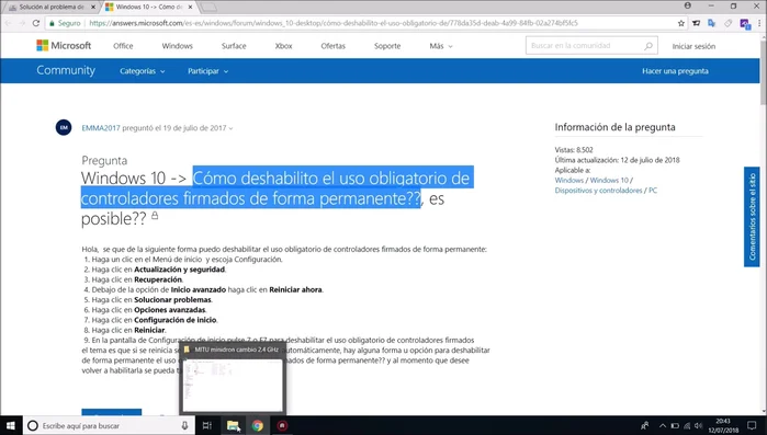 Para Windows 10: Deshabilitar temporalmente la firma obligatoria de controladores (explicación detallada en el video desde 137.36).