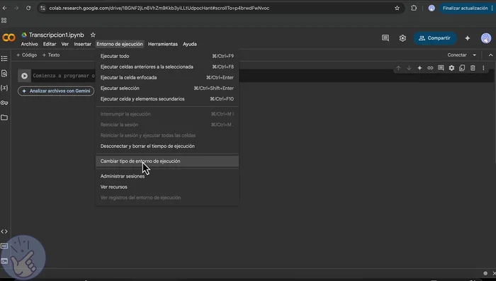 Cambiar el entorno de ejecución a GPU t4.