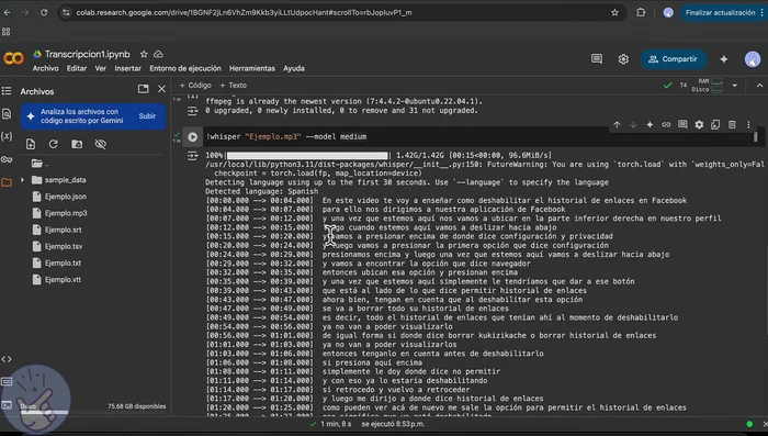 Ejecutar el segundo código para realizar la transcripción.