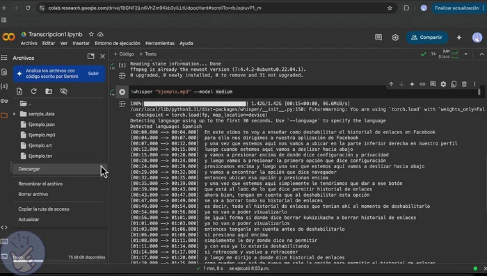 Descargar la transcripción en formato .txt (texto plano) o .srt (con marcas de tiempo).