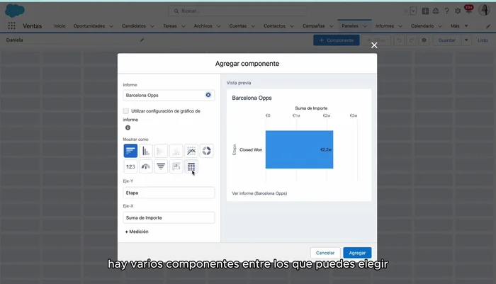 Configura el medidor. Selecciona "Suma del Importe" como la métrica a medir. Define los intervalos para visualizar el progreso con respecto a tu objetivo (ej: 0, 500.000, 900.000). Activa la opción de mostrar el porcentaje de la meta.