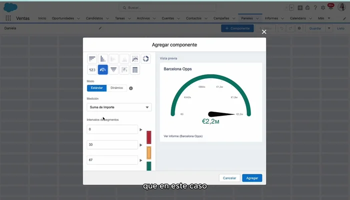 Configura el medidor. Selecciona "Suma del Importe" como la métrica a medir. Define los intervalos para visualizar el progreso con respecto a tu objetivo (ej: 0, 500.000, 900.000). Activa la opción de mostrar el porcentaje de la meta.