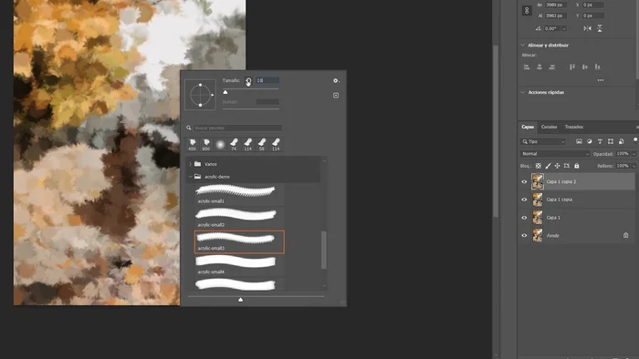 Repetir el paso anterior, reduciendo el tamaño del pincel aún más (100px y luego 50px) para añadir más detalles y definir formas.