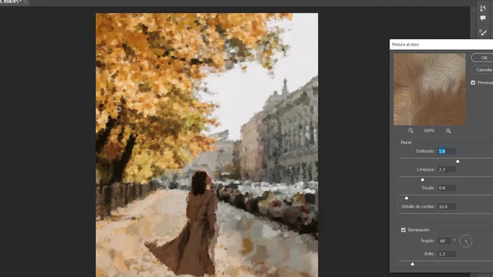 Aplicar el filtro 'Pintura al óleo' y ajustar los parámetros (Estilizado, Limpieza, Escala, Detalle, Iluminación) para lograr el efecto deseado.