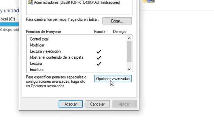 En la ventana 'Opciones avanzadas de seguridad', hacer clic en 'Agregar'. (Si no aparece 'Agregar', hacer clic en 'Cambiar permisos' primero).