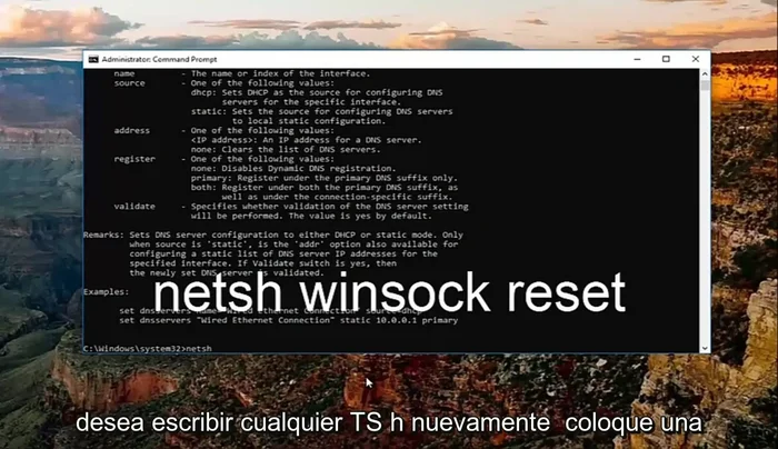 Escribe `netsh winsock reset` y presiona Enter.