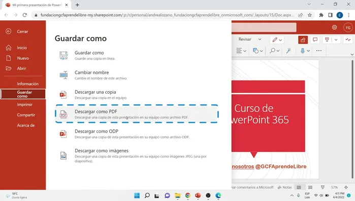 Elegir 'Descargar como PDF'.