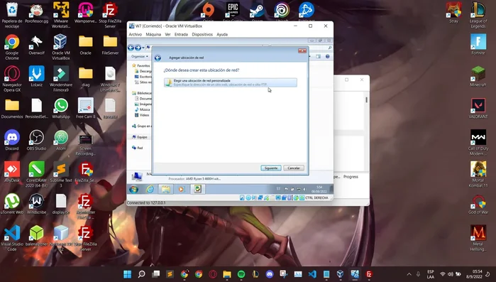 Crear una ubicación de red en la máquina virtual Windows 7 para acceder al servidor FTP.