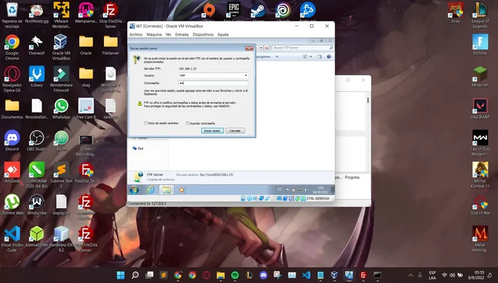 Verificar la conexión desde la máquina virtual Windows 7 usando la dirección FTP y las credenciales del usuario creado.