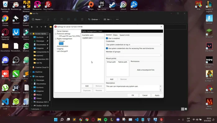 Crear un usuario en FileZilla Server con permisos de lectura y escritura en la carpeta compartida.