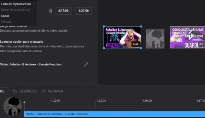 Utiliza el menú para agregar elementos como botón de suscripción, lista de reproducción y vídeos recomendados.