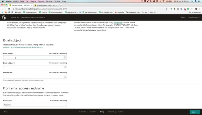 Nombra la prueba A/B y crea las variantes de asunto.