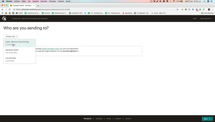 Selecciona la lista de destinatarios (segmentada o completa).
