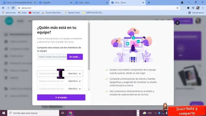 Invitar miembros: Copia el enlace de invitación o invita a las personas por correo electrónico.