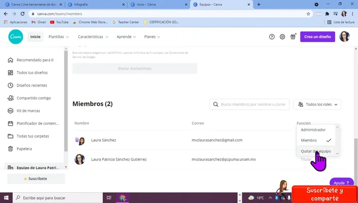 Gestionar el equipo: Como administrador, puedes agregar o eliminar miembros desde la sección 'Personas' en tu equipo.