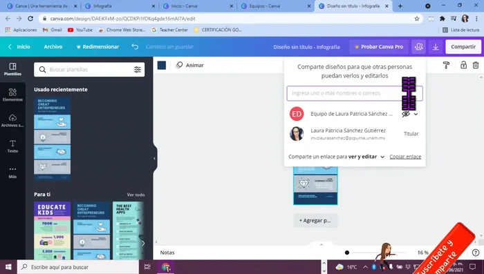 Compartir diseños: Para permitir la colaboración, crea un diseño y en la parte superior, haz clic en 'Compartir'. Selecciona el equipo y otorga permisos de 'Ver y editar'.