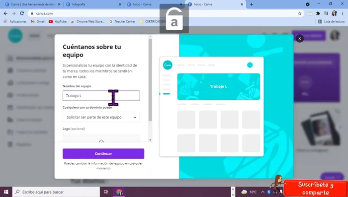 Nombrar el equipo: Asigna un nombre descriptivo a tu equipo (ej. 'Trabajo en Laura Sánchez'). Selecciona la opción 'Solicitar' para que las personas se unan al equipo.