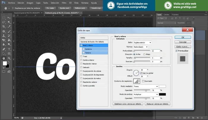 Aplicar Bisel y Relieve: Exterior, Técnica Redondeado, Profundidad 160, Dirección Arriba, Tamaño 6, Ángulo 90, Altitud 30.