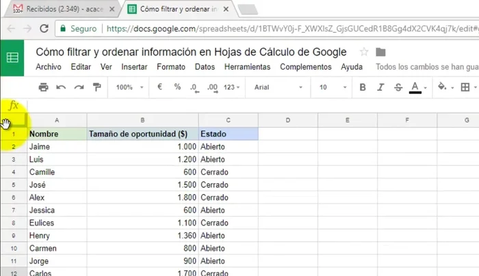 Hacer clic en el pequeño rectángulo en la esquina superior izquierda de la hoja para activar la selección de datos.