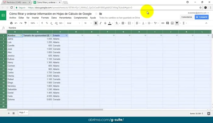 Para eliminar filas en blanco o con un estado específico, usar los filtros para seleccionar solo las filas con el estado deseado (ej: 'abierto').